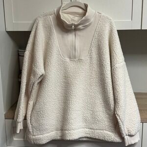 Aerie Sherpa Quarter Zip Pullover Women XL Cream Good Fleece Ribbed Trim